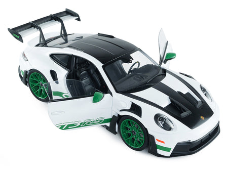 2024 Porsche 911 GT3 RS "Tribute to Carrera RS Package" White with Carbon Hood Stripes and Top and Green Side Stripes and Wheels 1/18 Diecast Model Car by Solido