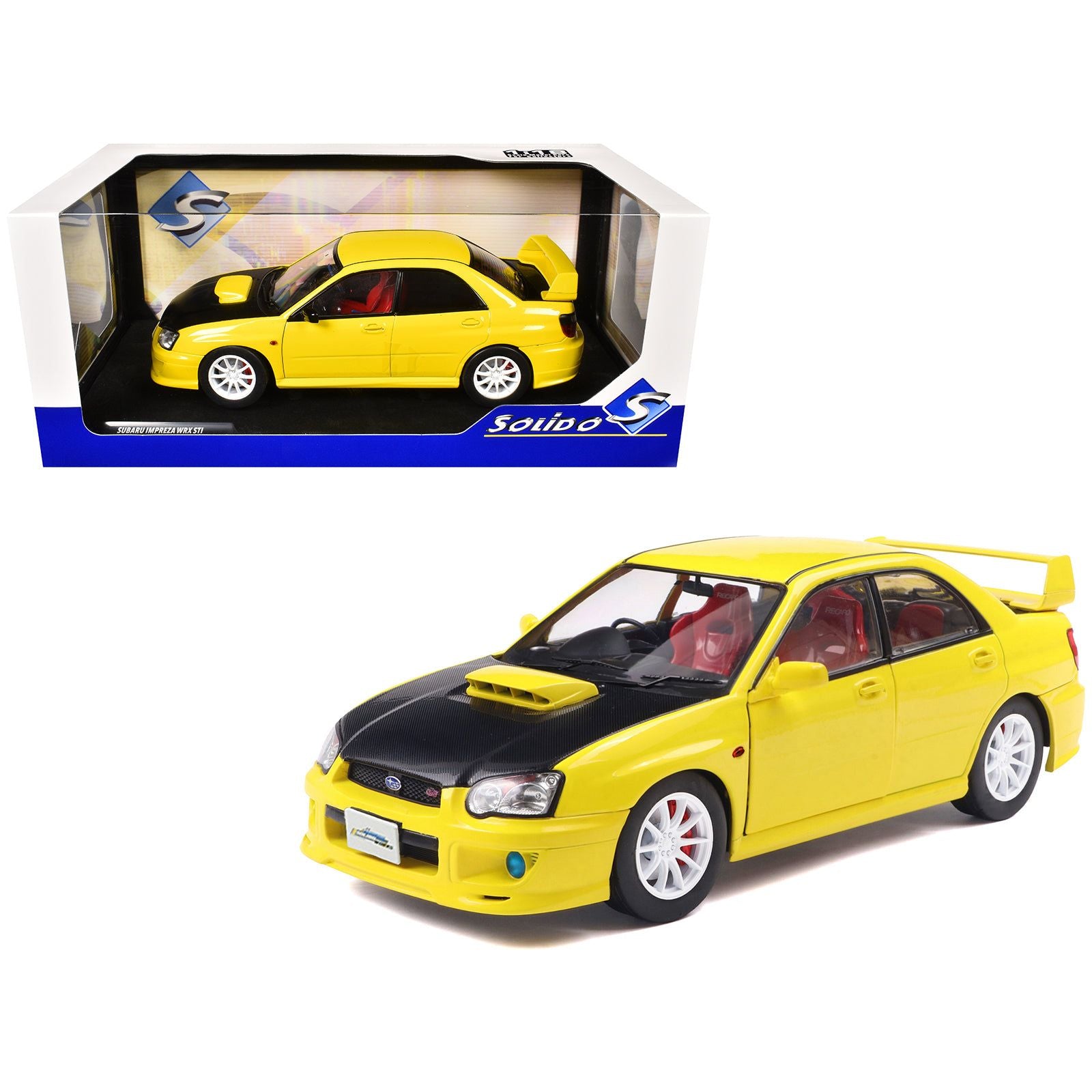 2003 Subaru Impreza WRX STI RHD (Right Hand Drive) Yellow with Carbon Hood 1/18 Diecast Model Car by Solido