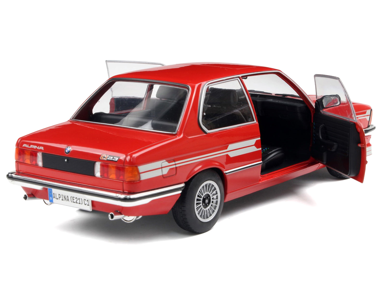 Red Alpina BMW model car with open doors