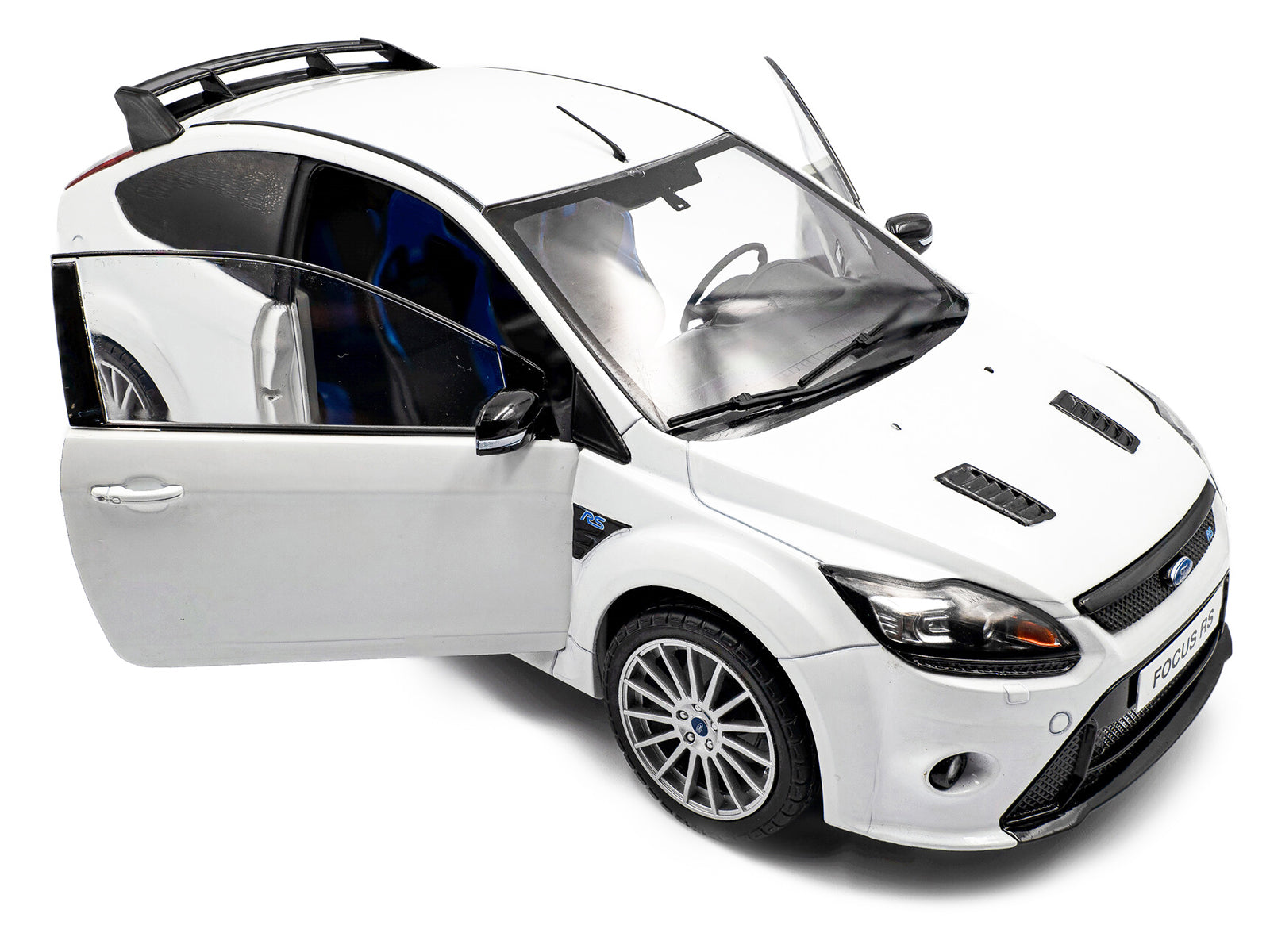 White Ford Focus RS model car with doors open