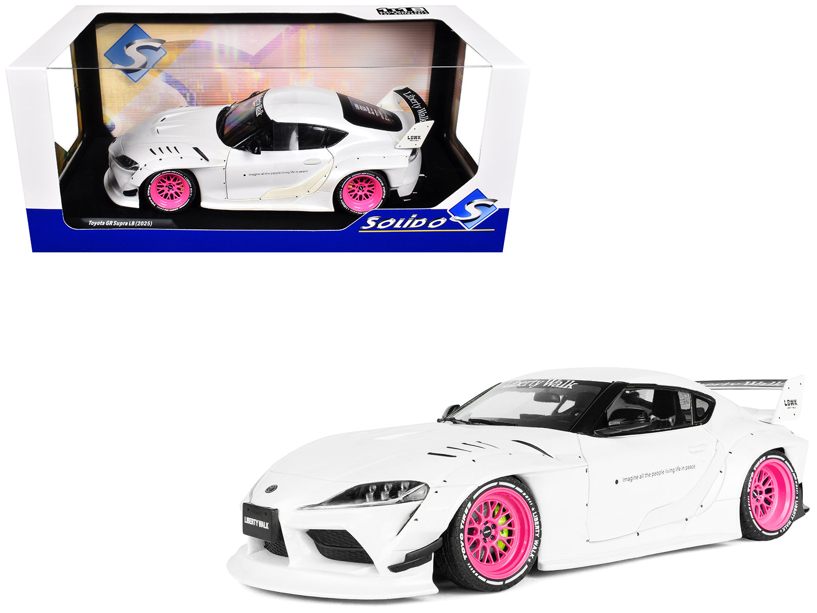 2025 Toyota GR Supra "Liberty Walk" Body Kit White Metallic with Pink Wheels 1/18 Diecast Model Car by Solido
