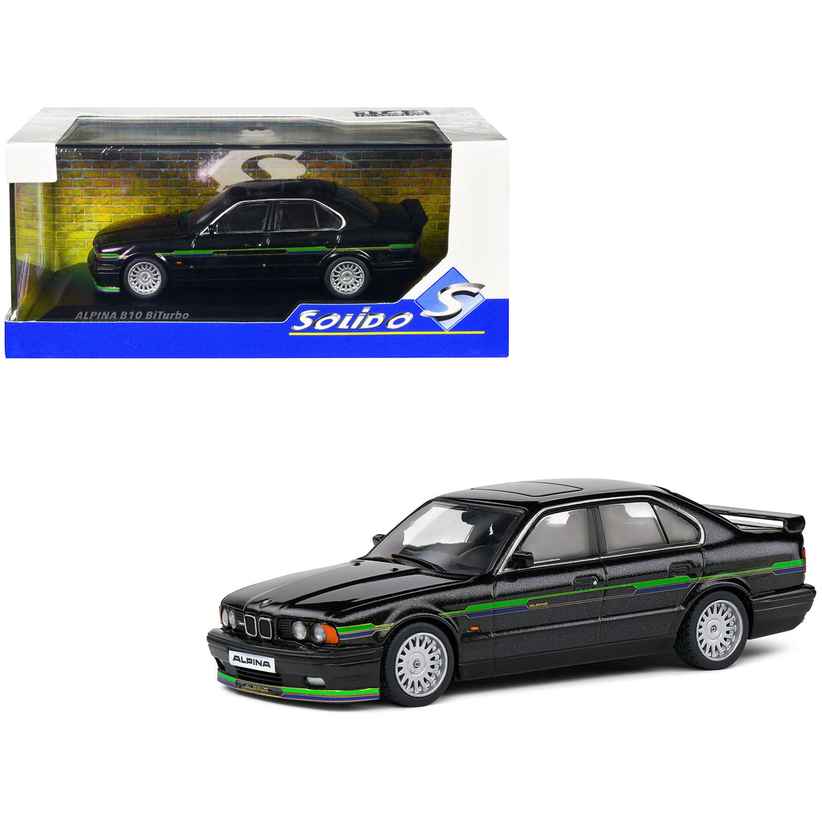 1994 BMW E34 Alpina B10 BiTurbo Black Metallic with Green Graphics 1/43 Diecast Model Car by Solido