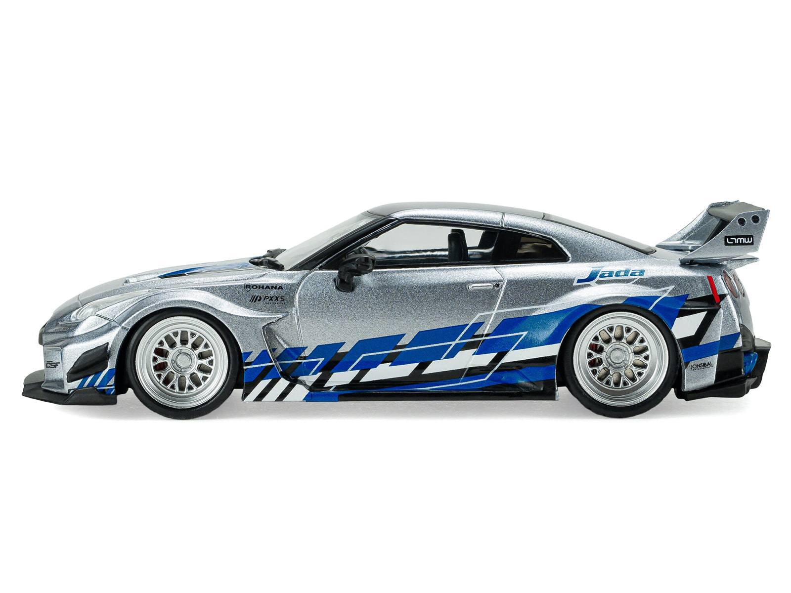 2020 Nissan GT-R (R35) Liberty Walk Silhouette RHD (Right Hand Drive) Silver Metallic with Black Top and Blue Graphics 1/43 Diecast Model Car by Solido