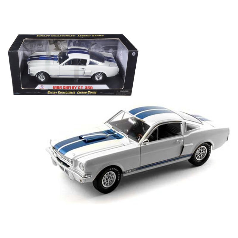 1966 Ford Mustang Shelby GT350 White with Blue Stripes 1/18 Diecast Model Car by Shelby Collectibles