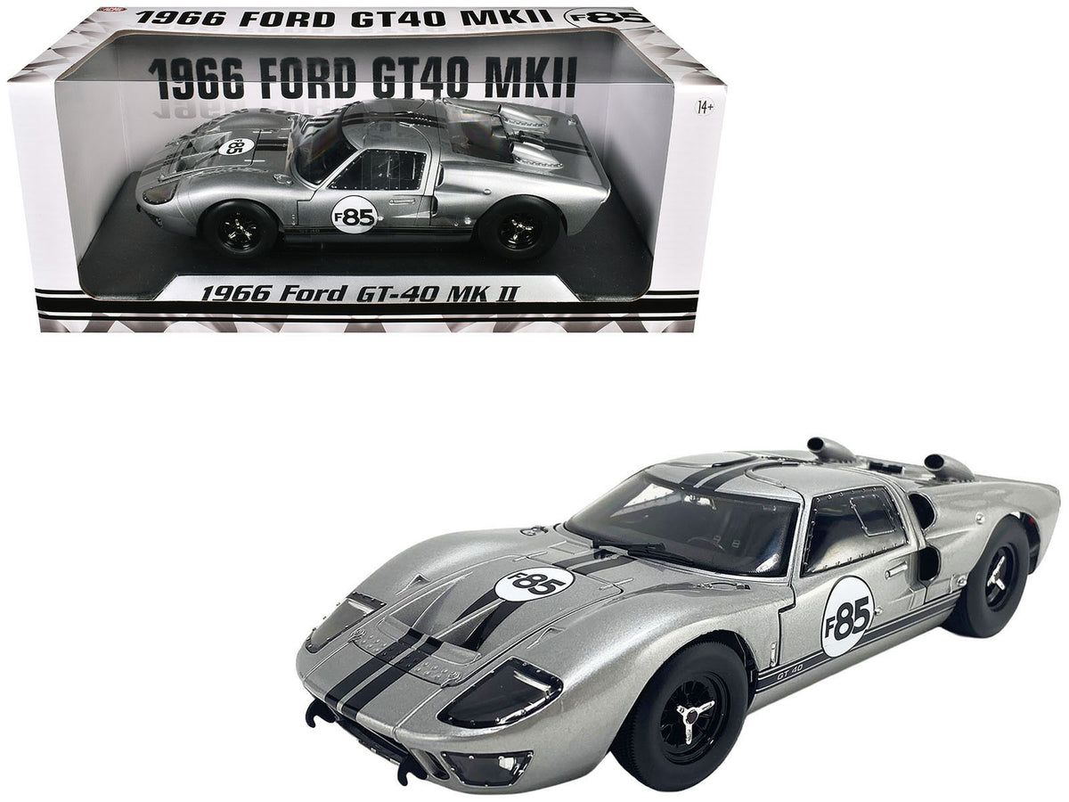 1966 Ford GT-40 MKII #F85 Silver Metallic with Black Stripes 1/18 Diecast Model Car by ACME