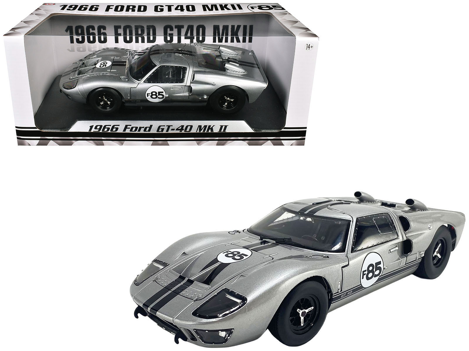 1966 Ford GT-40 MKII #F85 Silver Metallic with Black Stripes 1/18 Diecast Model Car by ACME