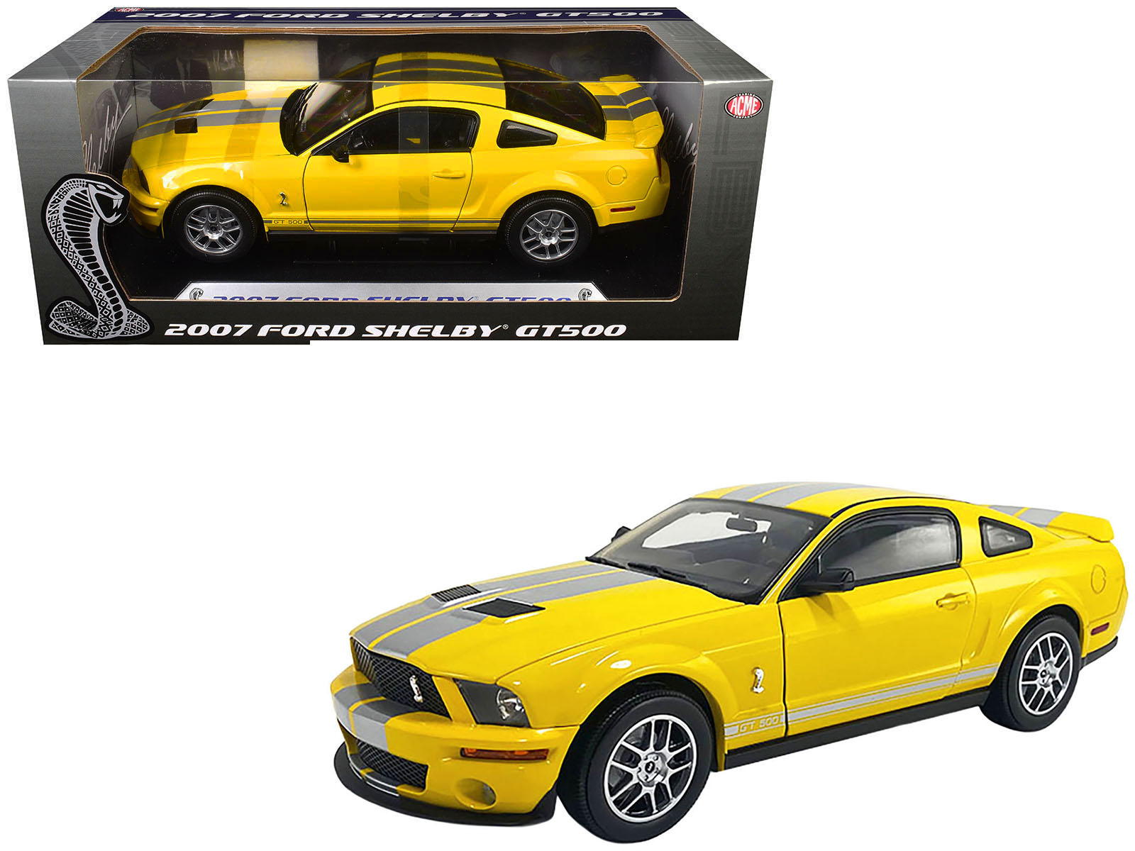 2007 Ford Shelby GT500 Yellow with Silver Stripes "Shelby Collectibles" Series 1/18 Diecast Model Car by ACME