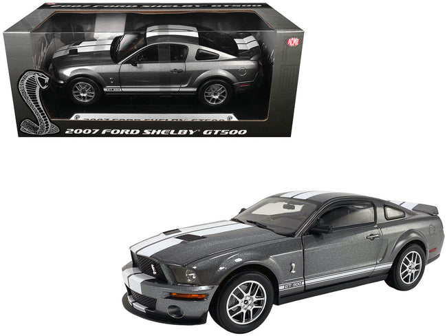 2007 Ford Shelby GT500 Alloy Gray Metallic with White Stripes "Shelby Collectibles" Series 1/18 Diecast Model Car by ACME