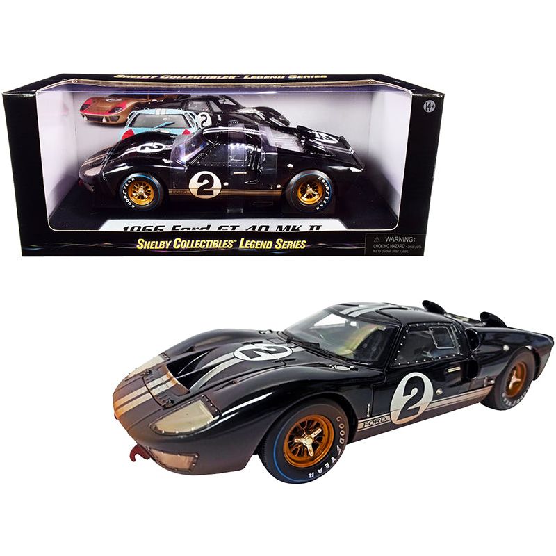 1966 Ford GT-40 MK II #2 Black with Silver Stripes After Race (Dirty Version) 1/18 Diecast Model Car by Shelby Collectibles