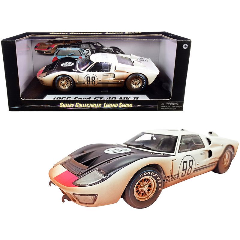 1966 Ford GT-40 MK II #98 White with Black Hood After Race (Dirty Version) 1/18 Diecast Model Car by Shelby Collectibles