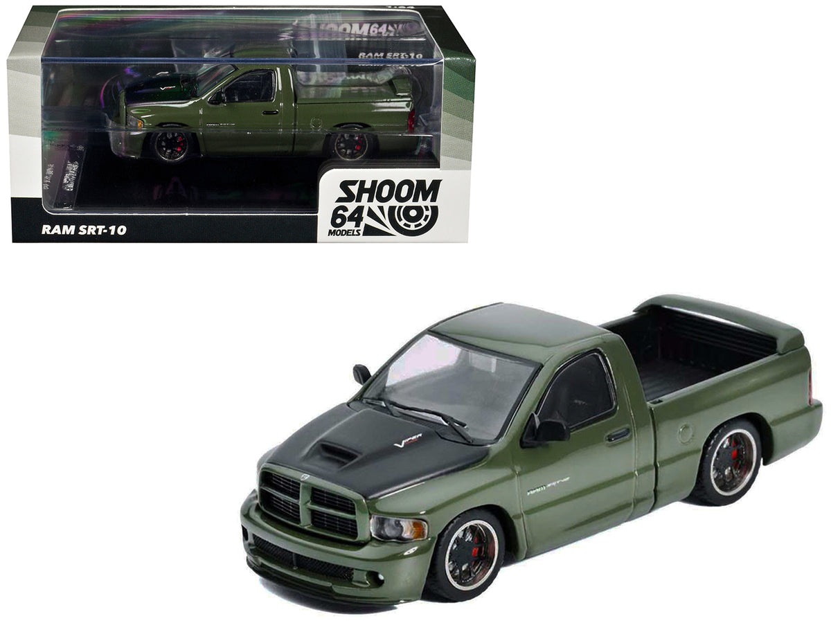 2003 Dodge Ram SRT-10 Pickup Truck Green Metallic with Matt Black Hood 1/64 Diecast Model Car by Shoom64 Models
