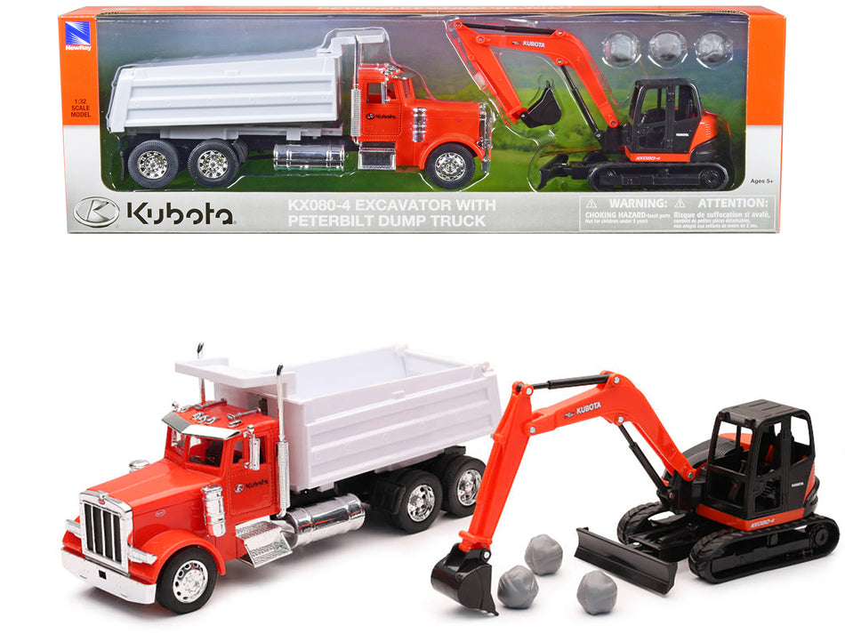 Peterbilt Dump Truck Orange and White and Kubota KX080-4 Excavator Orange and Black with Rocks 1/32 Diecast Model by New Ray