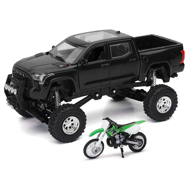 Toyota Tundra Pro Pickup Truck Black and Kawasaki KX 250 Motorcycle Green and White "Xtreme Off-Road" Series 1/32 Diecast Models by New Ray