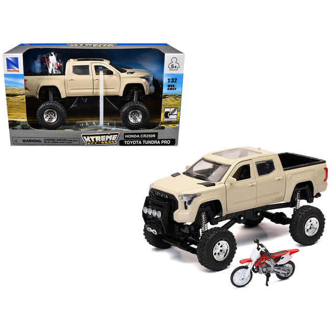 Toyota Tundra Pro Pickup Truck Tan and Honda CR250R Motorcycle Red and White "Xtreme Off-Road" Series 1/32 Diecast Models by New Ray