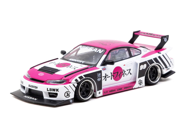 Nissan Silvia (S15) LB-Super Silhouette RHD (Right Hand Drive) #99 "Auto Finesse" White with Pink Top and Graphics "Hobby43" Series 1/43 Diecast Model Car by Tarmac Works