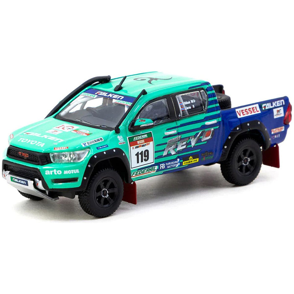 2017 Toyota Hilux AXCR Pickup Truck RHD (Right Hand Drive) #119 Green and Blue "Falken" Livery with Plastic Transporter Packaging "Falken Tires" 1/64 Diecast Model Car by Tarmac Works