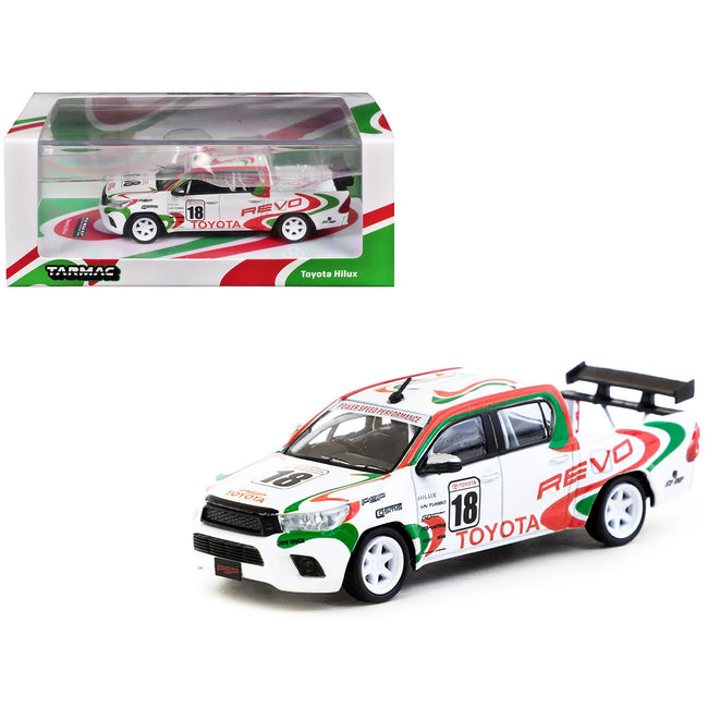 Toyota Hilux Pickup Truck RHD (Right Hand Drive) #18 White with Red and Green Graphics "Hobby64" Series 1/64 Diecast Model Car by Tarmac Works