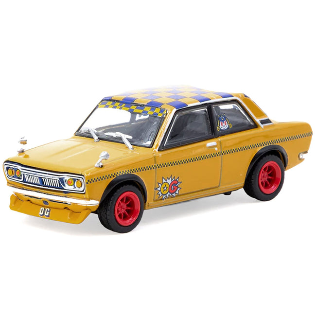 Datsun 510 "OG Beer" Yellow with Checkered Top "Hobby64" Series 1/64 Diecast Model Car by Tarmac Works