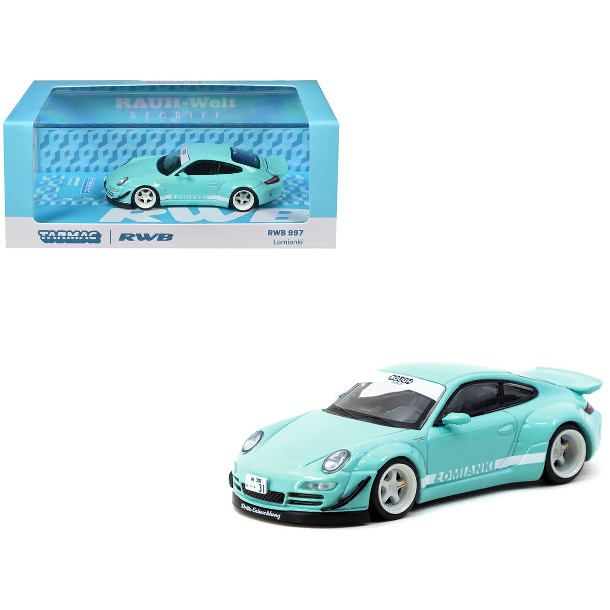 RWB 997 "Lomianki" Light Blue with White Stripes "Hobby64" Series 1/64 Diecast Model Car by Tarmac Works