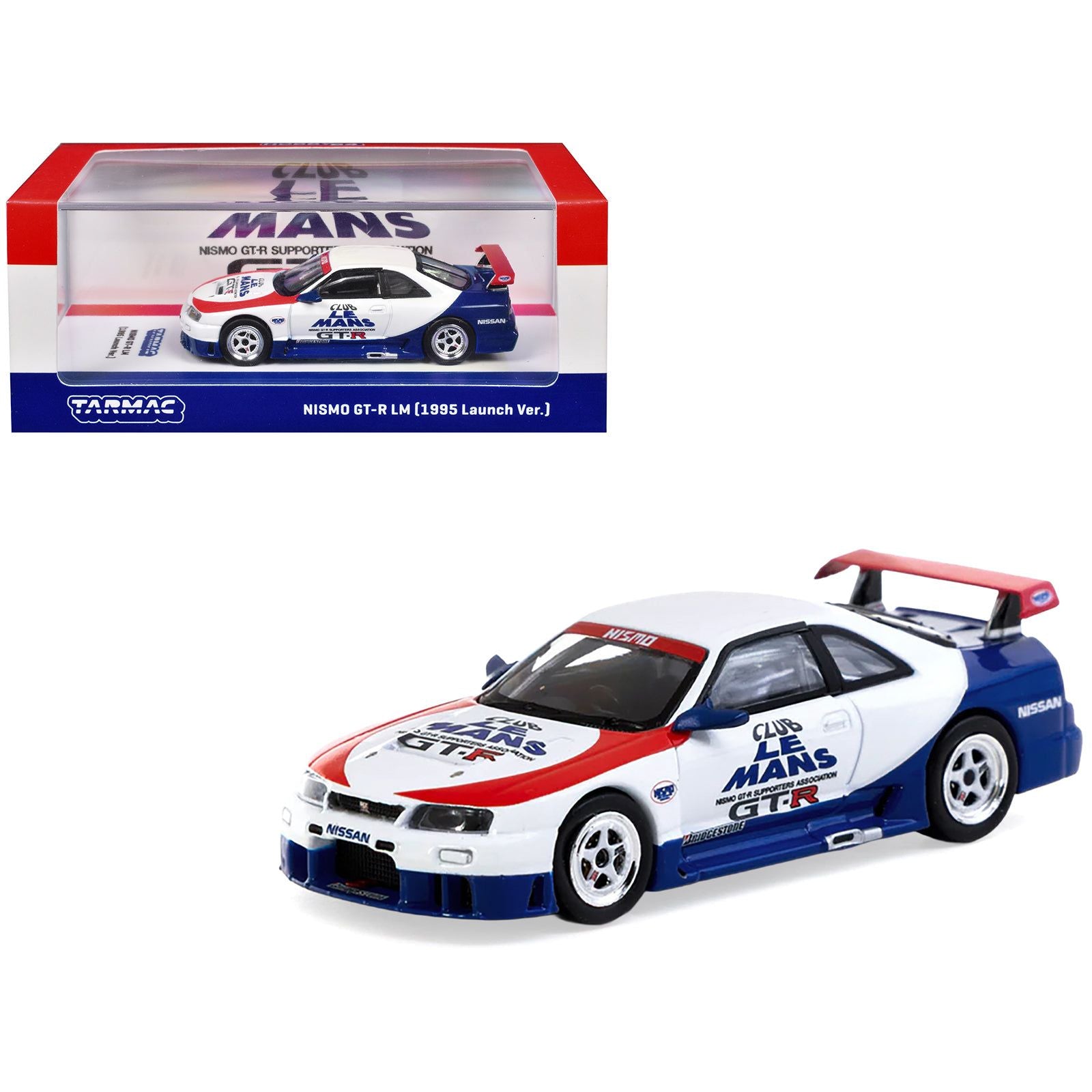 Nissan Nismo GT-R LM RHD (Right Hand Drive) "1995 Launch Version" White with Red and Blue Accents "Hobby64" Series 1/64 Diecast Model Car by Tarmac Works