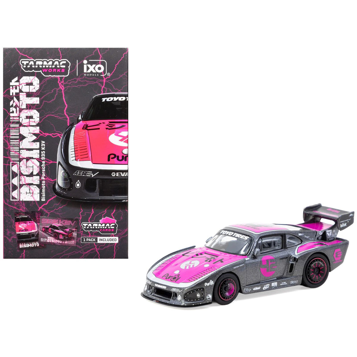Porsche 935 K3V Bisimoto Gray Metallic with Pink Hood and Top with Tarmac Cards "Hobby64" Series 1/64 Diecast Model by Tarmac Works