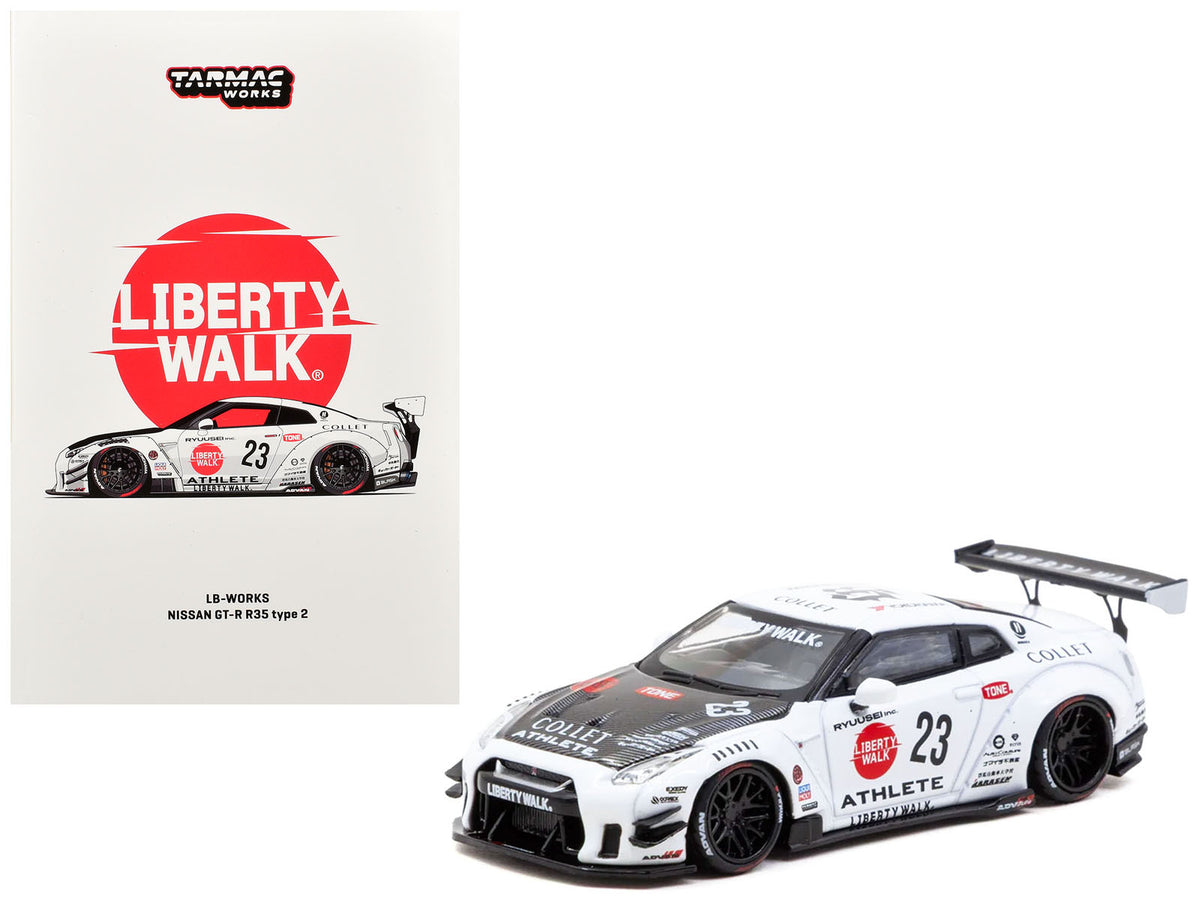 Nissan GT-R R35 LB-Works Type 2 RHD (Right Hand Drive) #23 "Liberty Walk" White with Carbon Hood and Metal Oil Can Packaging "Hobby64" Series 1/64 Diecast Model Car by Tarmac Works