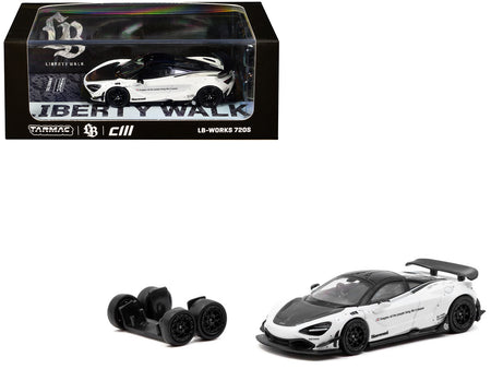 LB-Works 720S White with Carbon Hood and Black Top with Extra Wheels "Hobby64" Series 1/64 Diecast Model Car by Tarmac Works