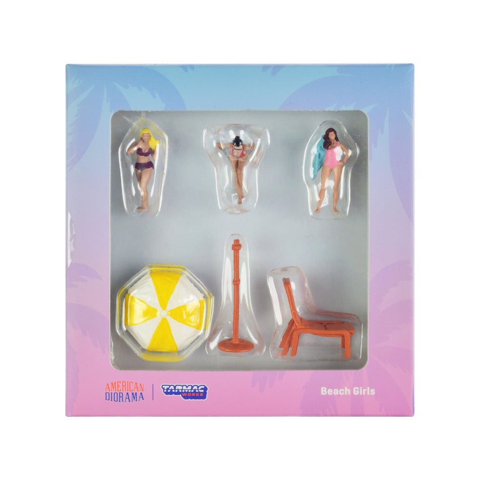 "Beach Girls" 5 piece Diecast Figure Set (3 Female Figures and 2 Beach Accessories) for 1/64 Scale Models by Tarmac Works & American Diorama