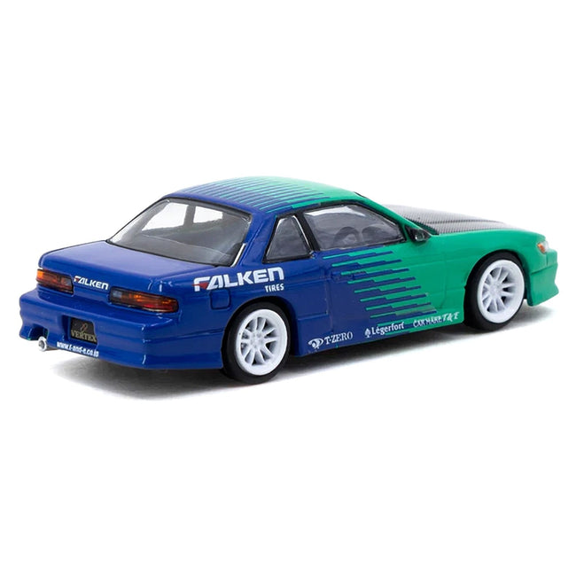 Nissan Silvia (S13) Vertex RHD (Right Hand Drive) "Falken Tires" Green and Blue wuth Carbon Hood "Global64" Series 1/64 Diecast Model by Tarmac Works
