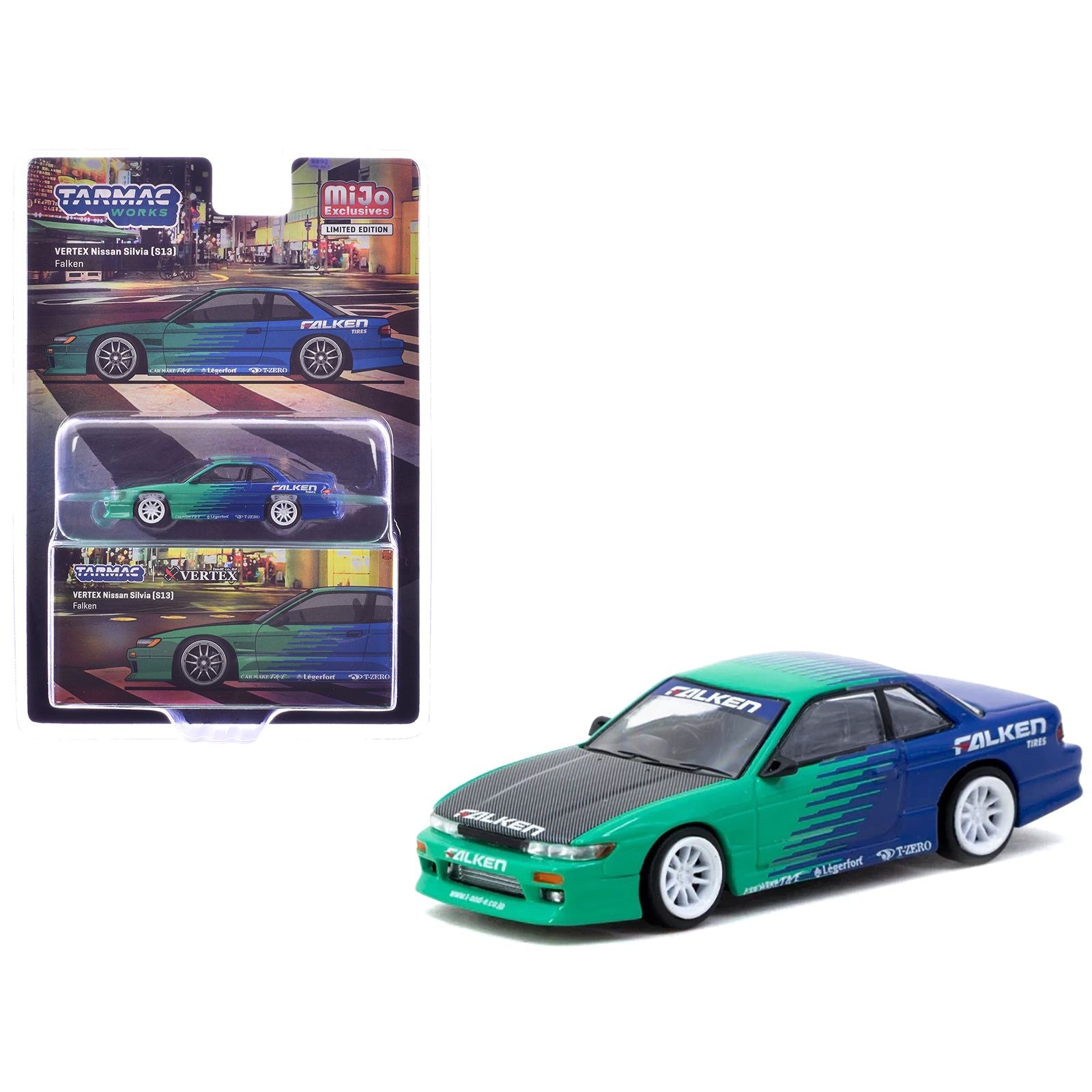 Nissan Silvia (S13) Vertex RHD (Right Hand Drive) "Falken Tires" Green and Blue wuth Carbon Hood "Global64" Series 1/64 Diecast Model by Tarmac Works