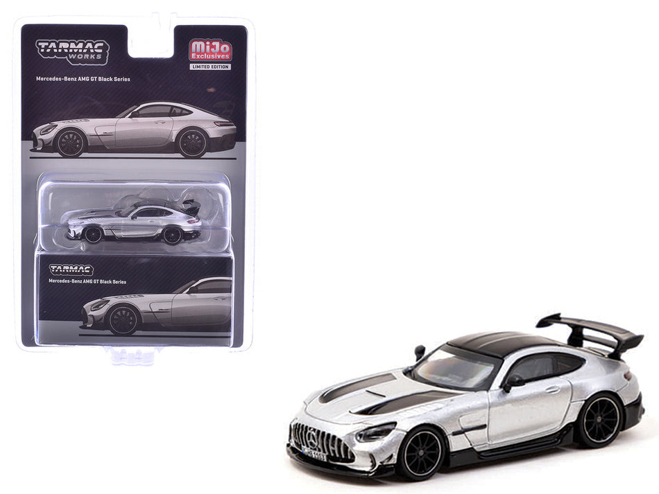 Mercedes-Benz AMG GT Black Series Silver Metallic with Black Hood Stripes and Top "Global64" Series 1/64 Diecast Model by Tarmac Works