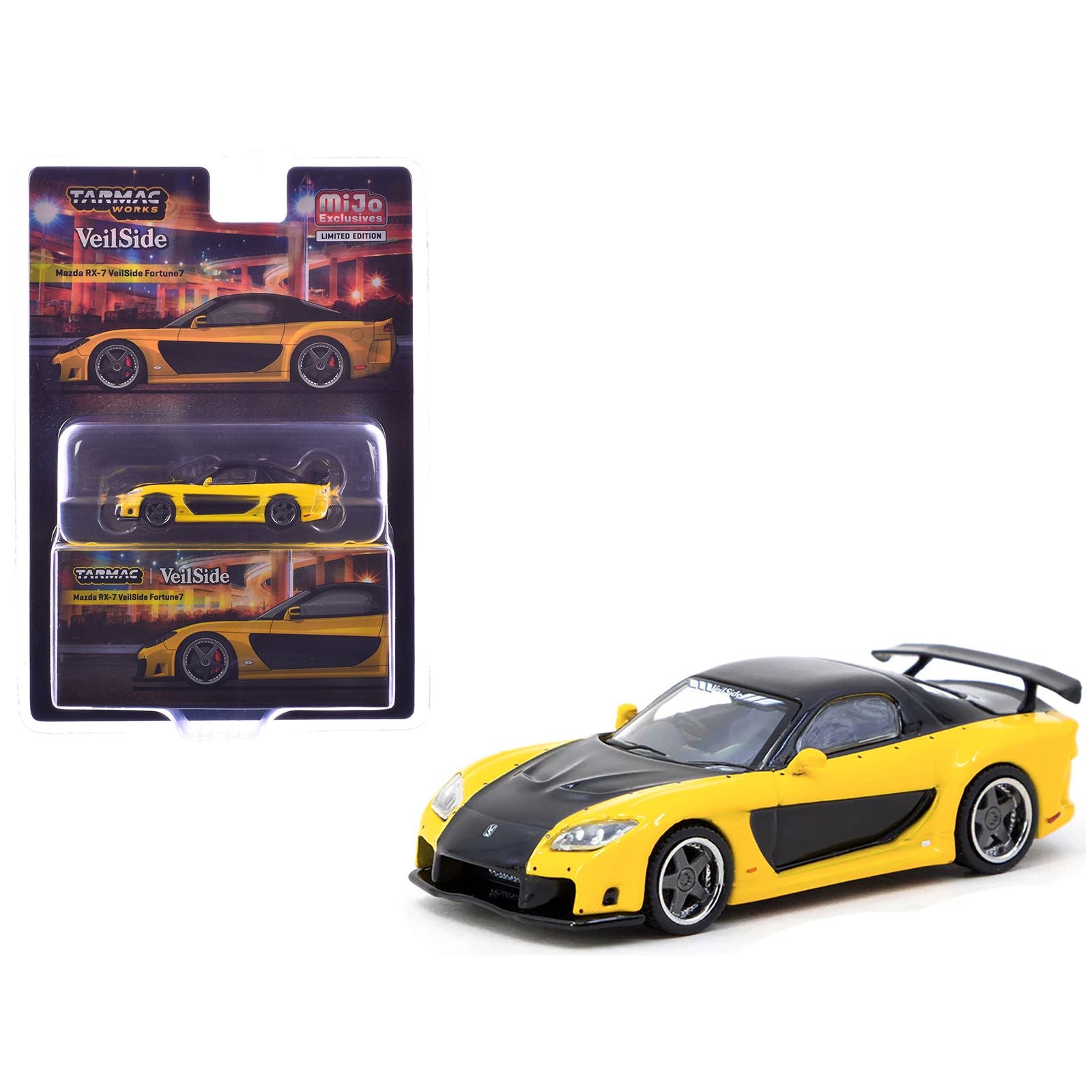 Mazda RX-7 VeilSide Fortune7 RHD (Right Hand Drive) Yellow and Black "Global64" Series 1/64 Diecast Model by Tarmac Works