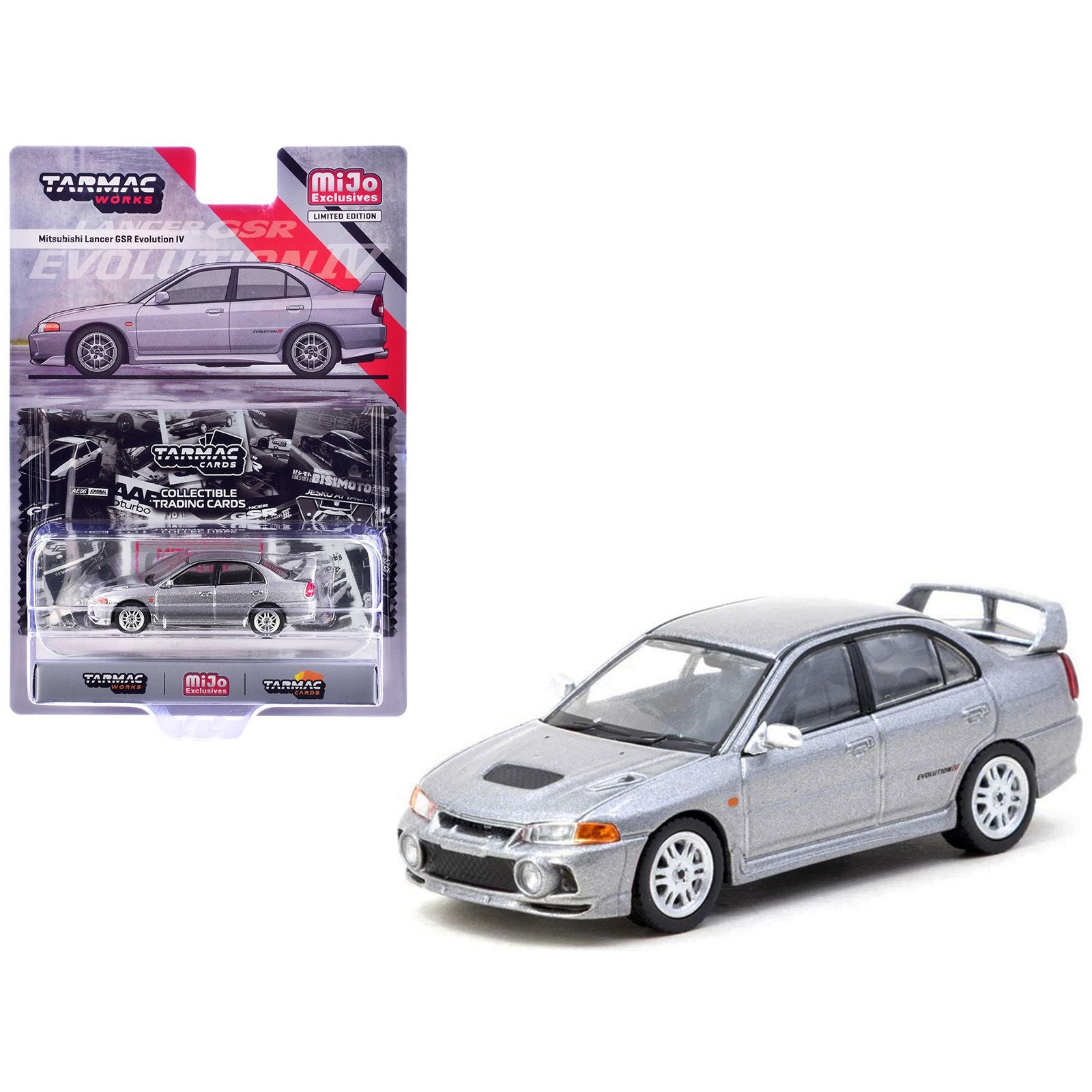 Mitsubishi Lancer Evolution IV Silver Metallic with Tarmac Cards "Global64" Series 1/64 Diecast Model by Tarmac Works