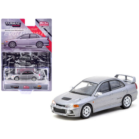 Mitsubishi Lancer Evolution IV Silver Metallic with Tarmac Cards "Global64" Series 1/64 Diecast Model by Tarmac Works