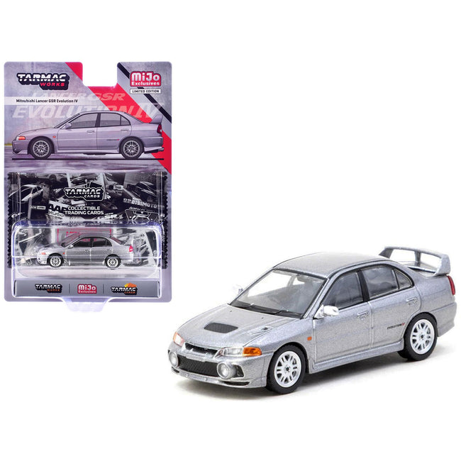 Mitsubishi Lancer Evolution IV Silver Metallic with Tarmac Cards "Global64" Series 1/64 Diecast Model by Tarmac Works
