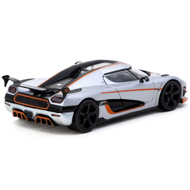 Koenigsegg Agera RS Moon Silver Metallic with Black and Orange Stripes "Global64" Series 1/64 Diecast Model by Tarmac Works