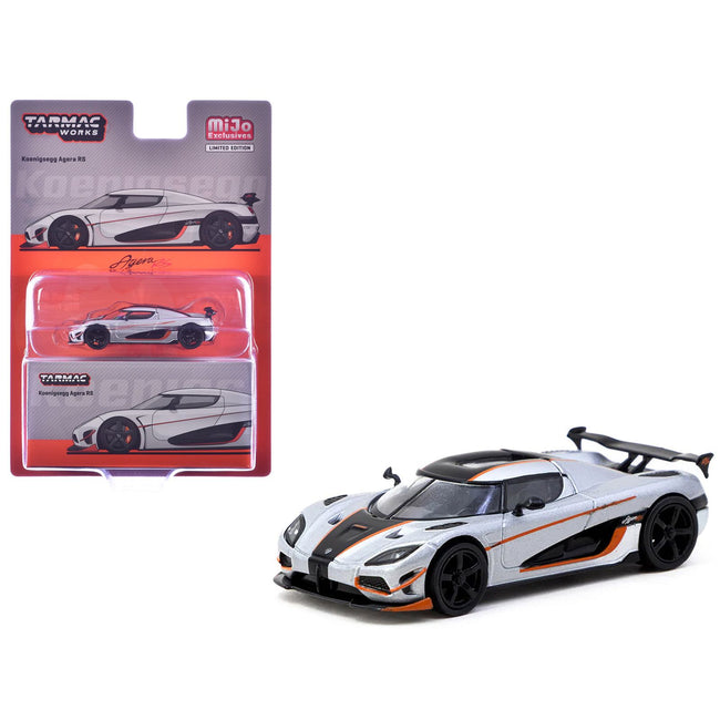 Koenigsegg Agera RS Moon Silver Metallic with Black and Orange Stripes "Global64" Series 1/64 Diecast Model by Tarmac Works