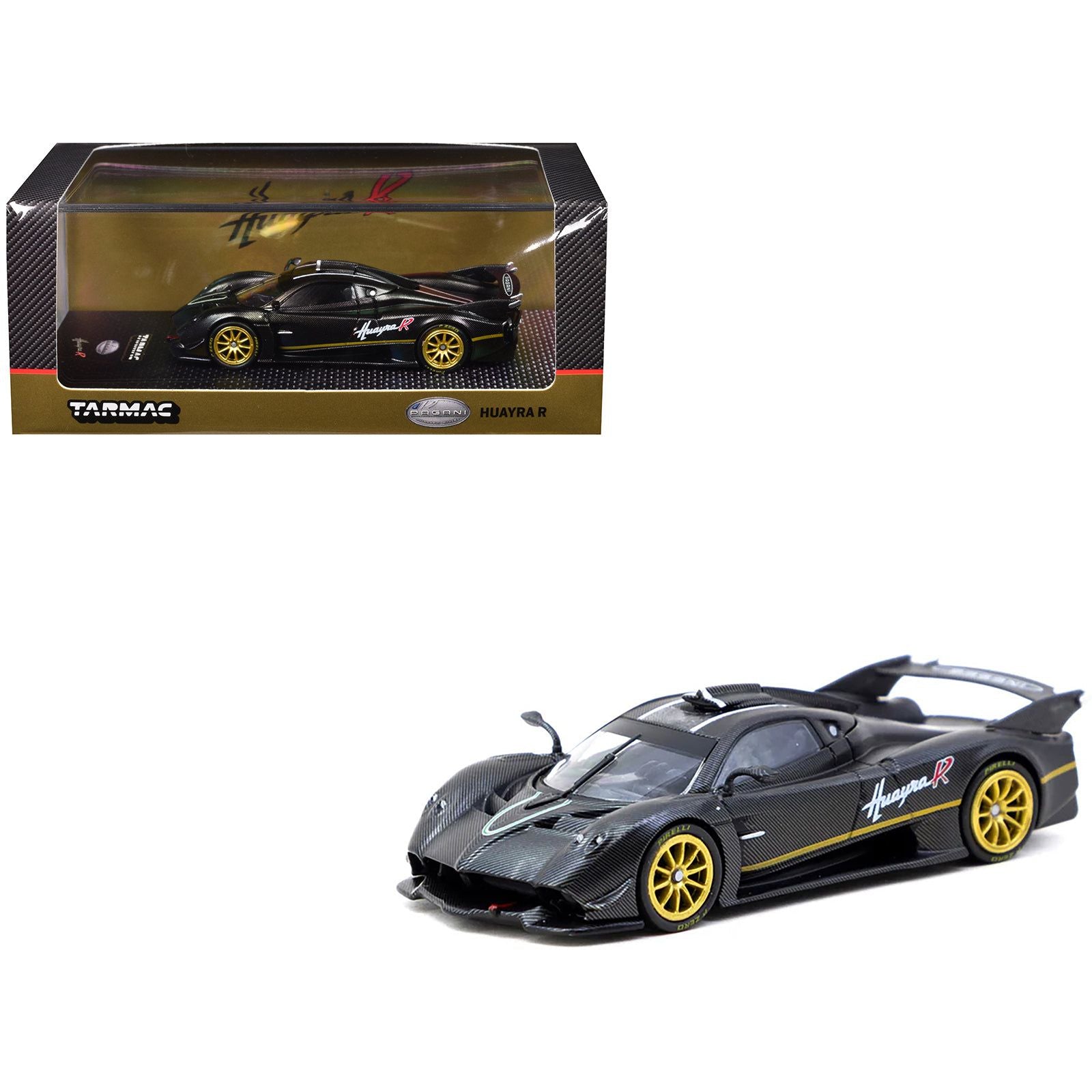 Pagani Huayra R Matt Black Carbon Fiber with Gold Wheels Limited Edition to 3552 pieces Worldwide "Global64" Series 1/64 Diecast Model by Tarmac Works
