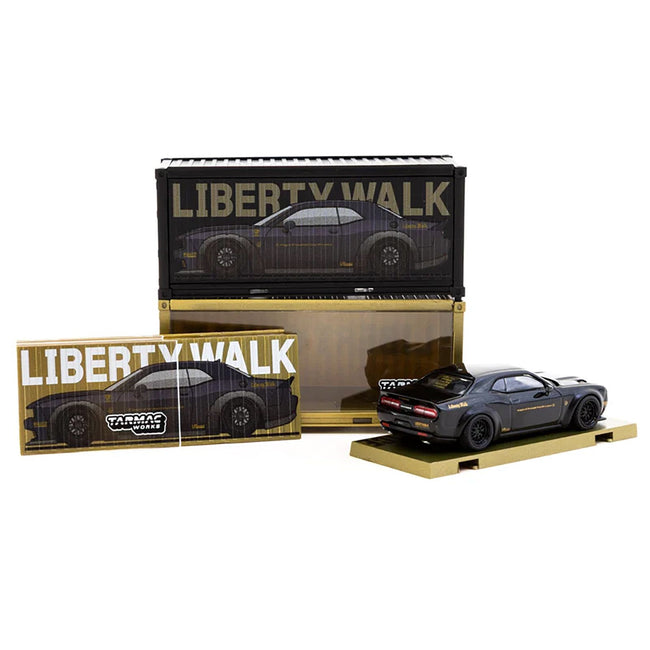 Dodge Challenger SRT Hellcat "LB-WORKS - Liberty Walk" Black Metallic with Shipping Container Display Case "Global64" Series 1/64 Diecast Model Car by Tarmac Works