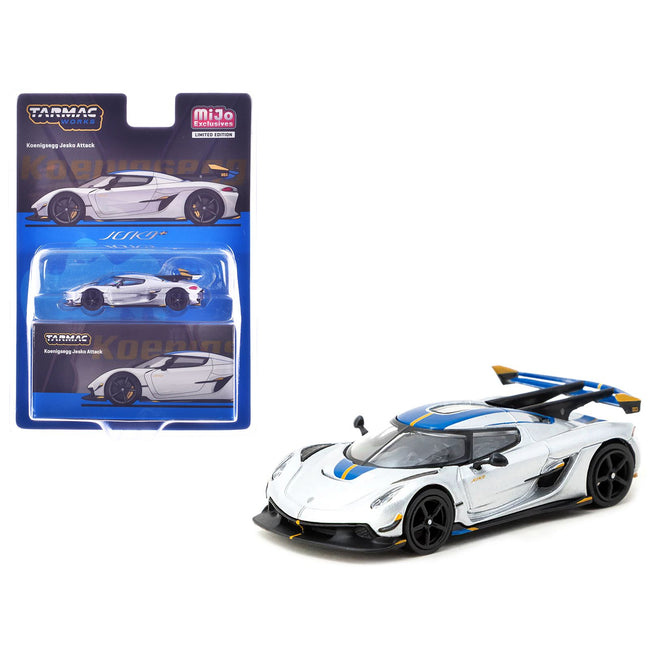 Koenigsegg Jesko Attack Silver Metallic with Blue Stripes "Global64" Series 1/64 Diecast Model by Tarmac Works