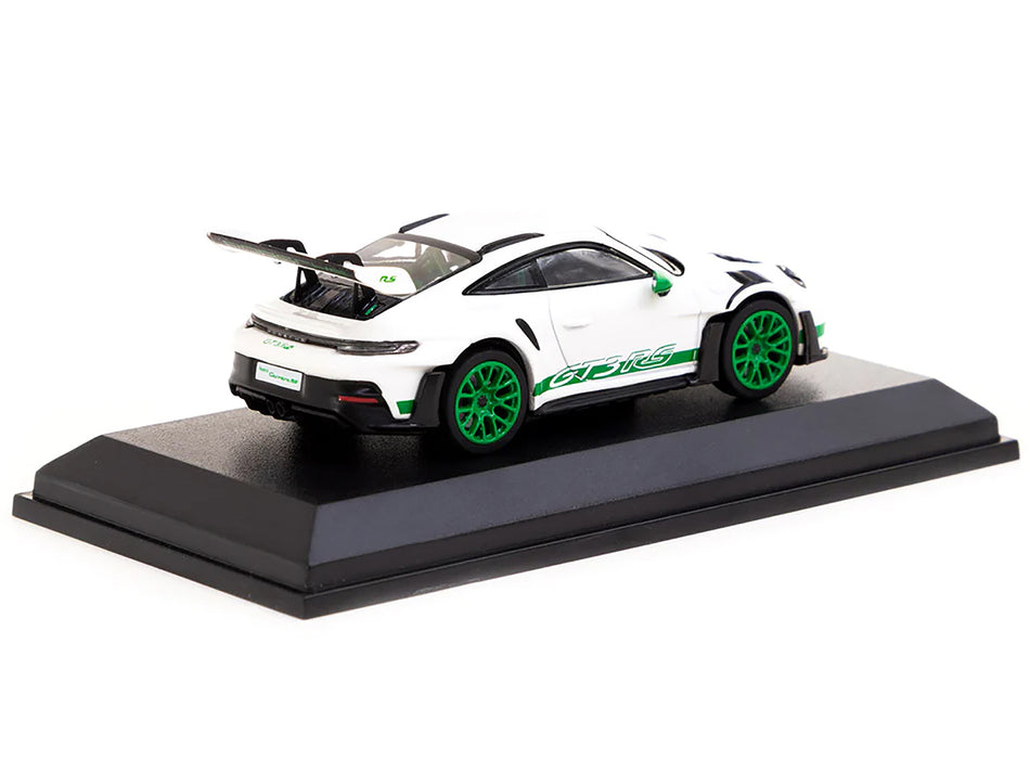 Porsche 911 (992) GT3 RS White with Green Stripes and Wheels Limited Edition to 999 pieces Worldwide 1/64 Diecast Model Car by Minichamps and Tarmac Works