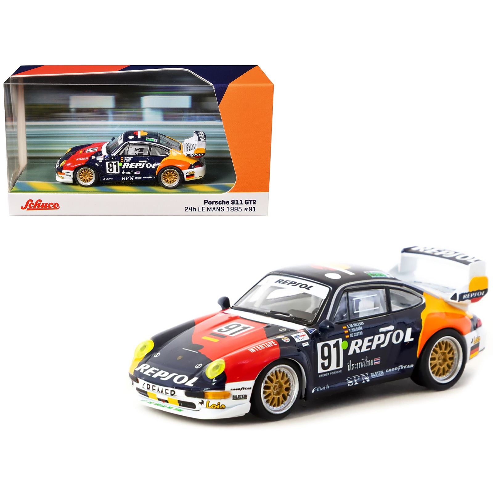 Porsche 911 GT2 #91 Tomas Saldana - Miguel Angel de Castro - Prince Alfonso de Orleans-Borbon "Kremer Racing - Repsol" "24 Hours of Le Mans" (1995) "Collab64" Series 1/64 Diecast Model Car by Schuco & Tarmac Works