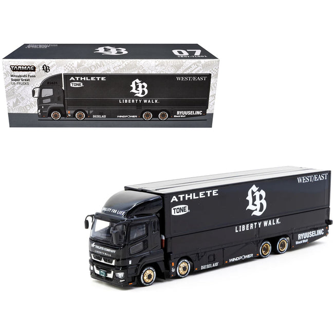 Mitsubishi Fuso Super Great Truck RHD (Right Hand Drive) with Transporter "Liberty Walk" Black "Truck64" Series 1/64 Diecast Model Car by Tarmac Works