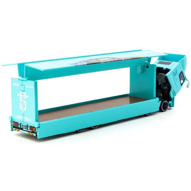 Mitsubishi Fuso Truck with Transporter "Liberty Walk - Suzuki Transport" Light Blue with Graphics "Truck64" Series 1/64 Diecast Model Car by Tarmac Works