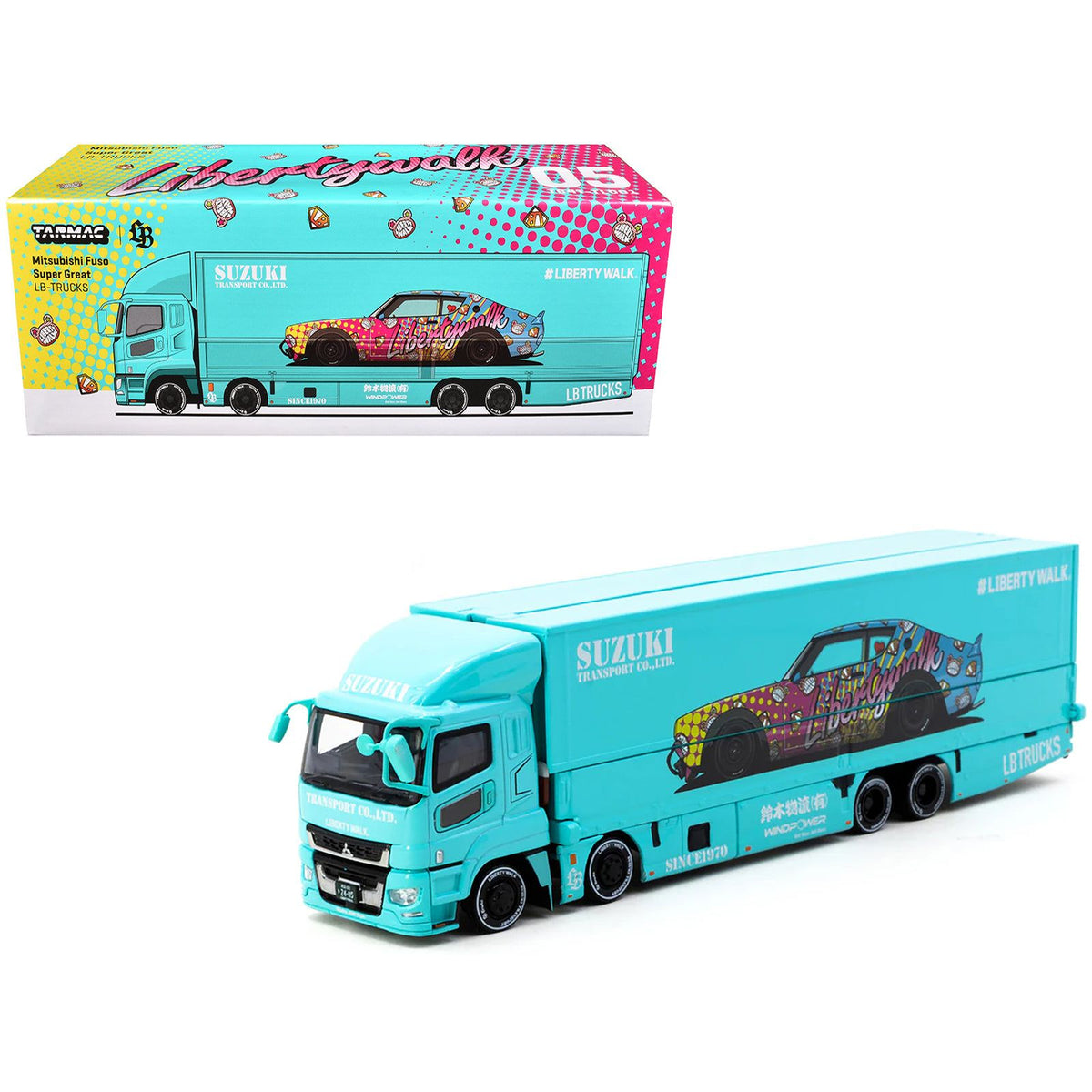 Mitsubishi Fuso Truck with Transporter "Liberty Walk - Suzuki Transport" Light Blue with Graphics "Truck64" Series 1/64 Diecast Model Car by Tarmac Works