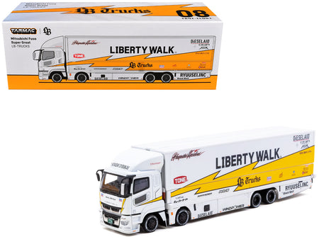 Mitsubishi Fuso Super Great Truck RHD (Right Hand Drive) with Transporter "Liberty Walk" White with Yellow Graphics "Truck64" Series 1/64 Diecast Model Car by Tarmac Works