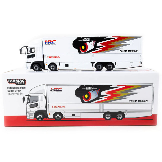 Mitsubishi Fuso Truck with Transporter "Team MUGEN - HRC" White with Graphics "Truck64" Series 1/64 Diecast Model Car by Tarmac Works