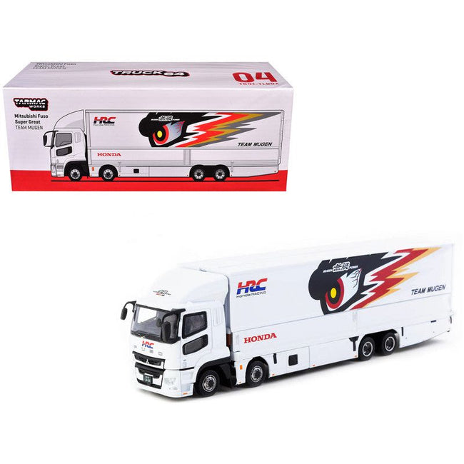 Mitsubishi Fuso Truck with Transporter "Team MUGEN - HRC" White with Graphics "Truck64" Series 1/64 Diecast Model Car by Tarmac Works