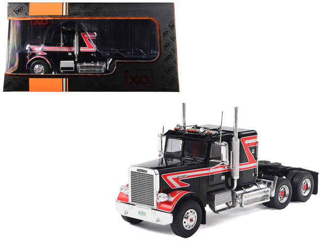 1977 Freightliner FLC 120 64 T Truck Tractor Black with Red and White Stripes 1/43 Diecast Model by IXO Models