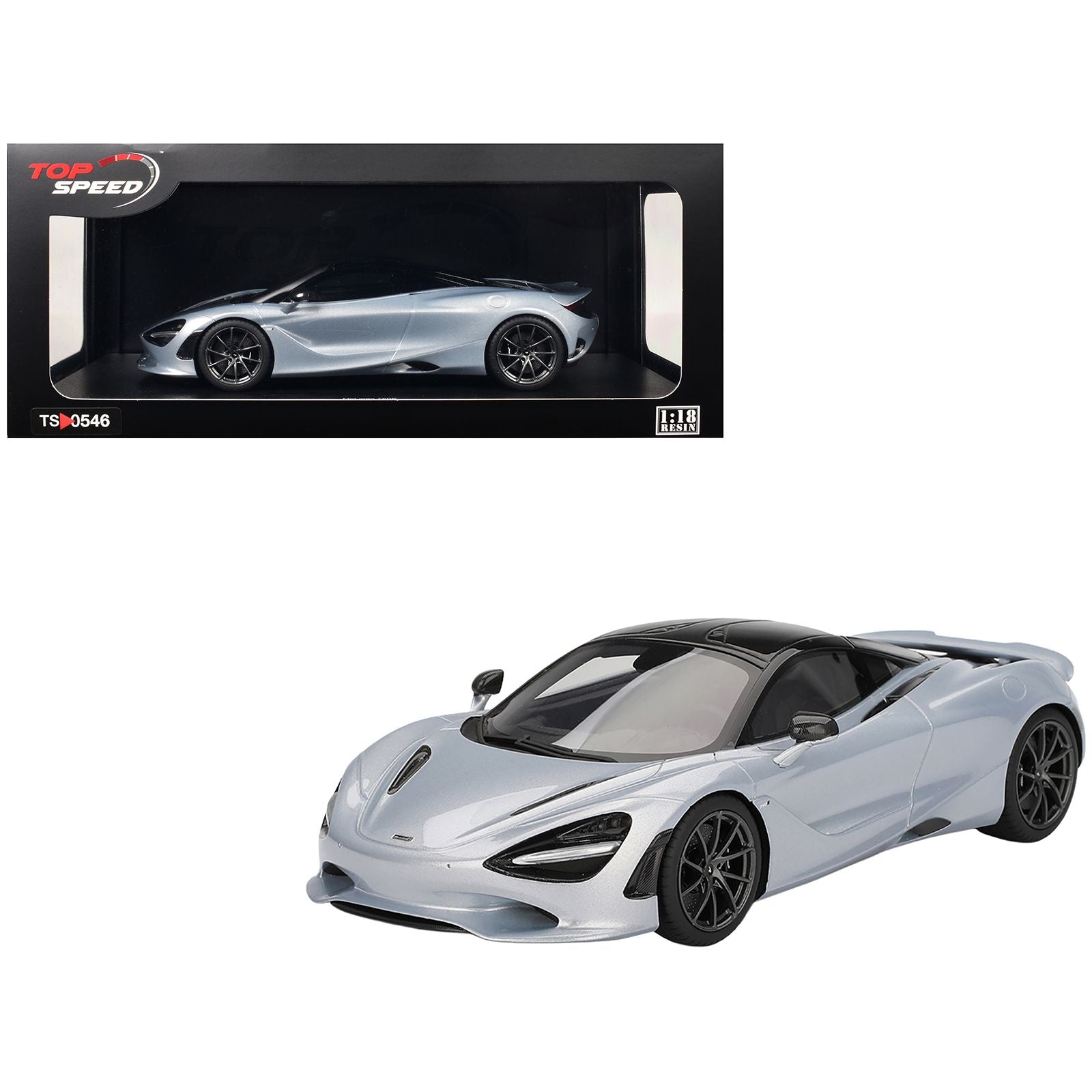 McLaren 750S Ice Silver Metallic with Black Top 1/18 Model Car by Top Speed